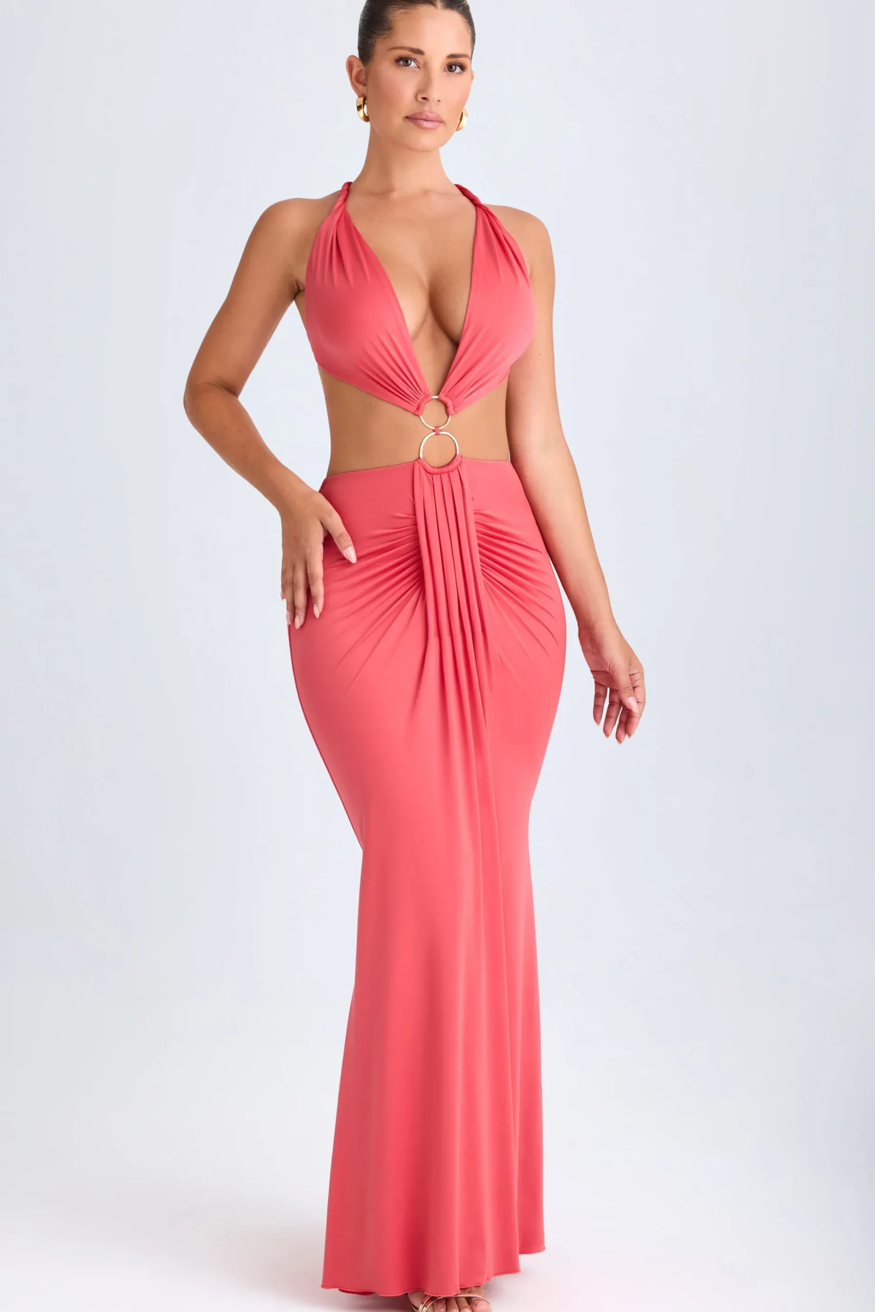 Oh Polly Night Out^Hardware Detail Cut-Out Halterneck Maxi Dress in Coral