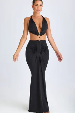 Oh Polly Night Out^Hardware Detail Cut-Out Halterneck Maxi Dress in Black