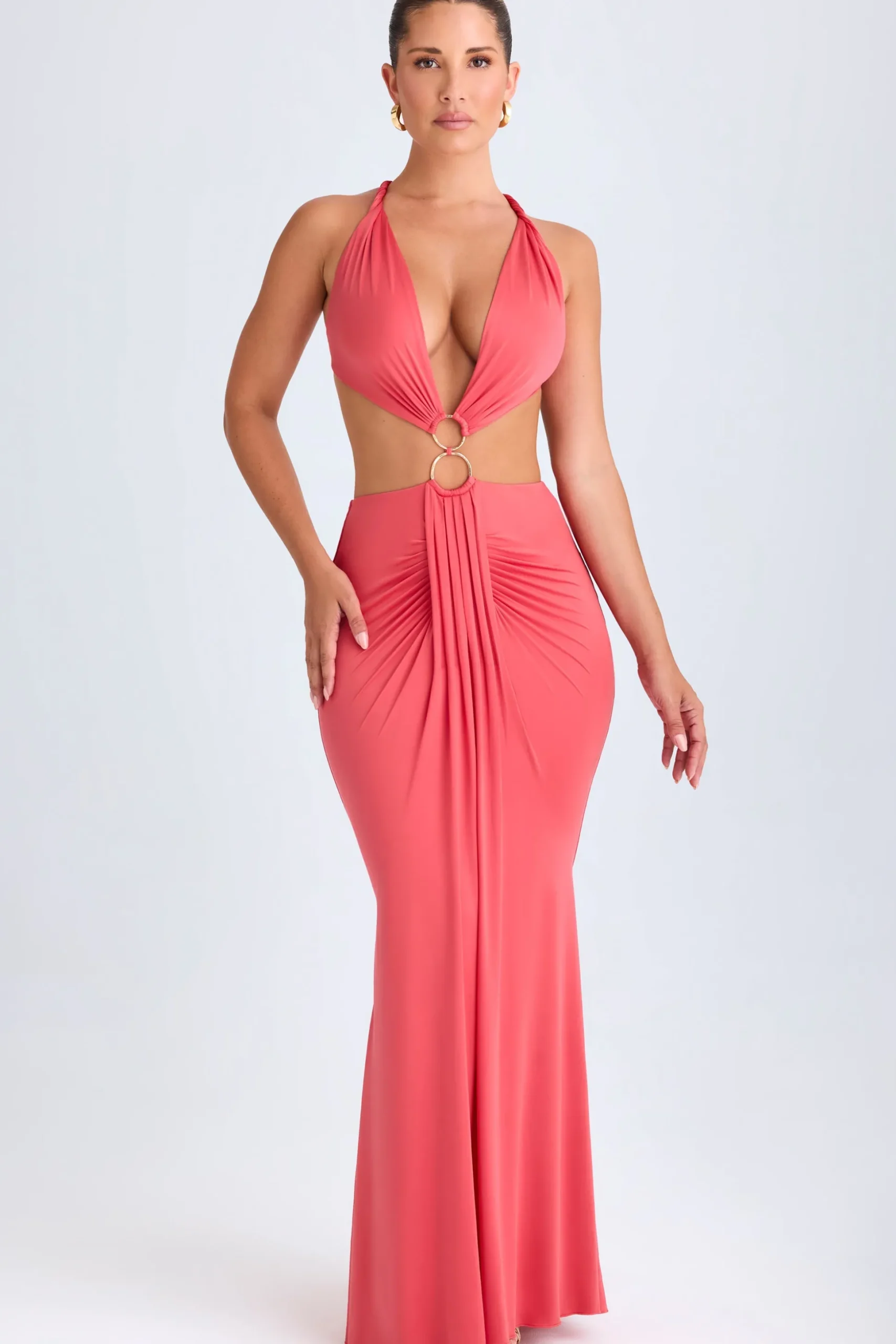 Oh Polly Night Out^Hardware Detail Cut-Out Halterneck Maxi Dress in Coral