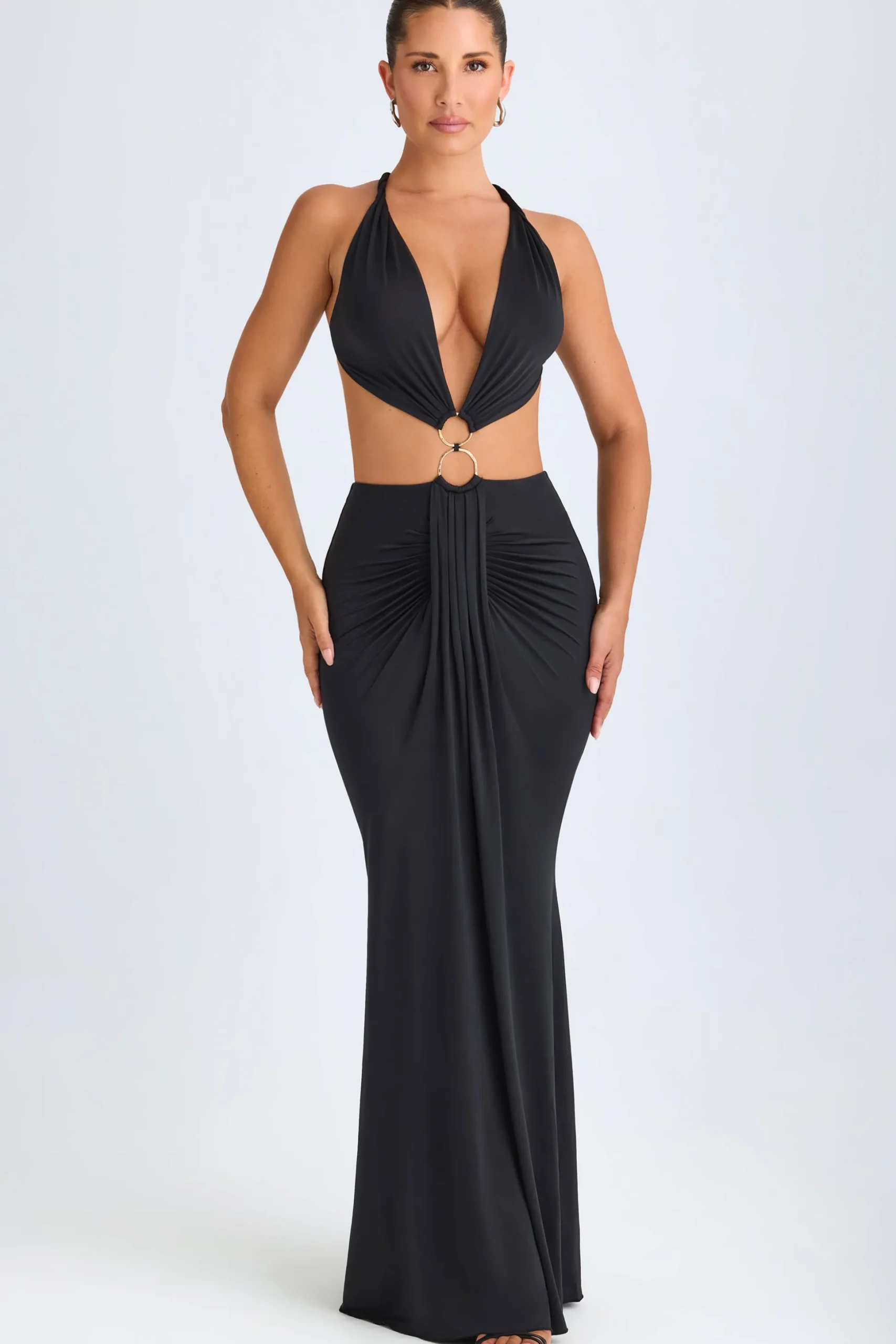Oh Polly Night Out^Hardware Detail Cut-Out Halterneck Maxi Dress in Black