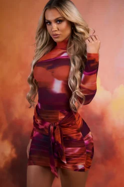 Oh Polly Women'S Clothing Sale - $65 And Under | Women'S Clothing Sale - $40 And Under^High Neck Long Sleeve Mesh Bodysuit in Orange