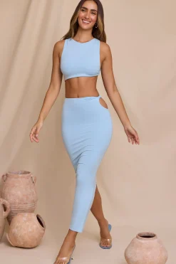 Oh Polly Co-Ords | Tops^High Neck Twist Crop Top in Sky Blue SkyBlue
