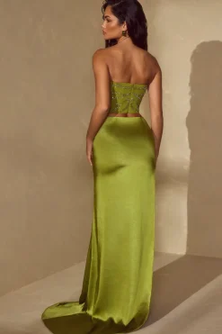 Oh Polly Skirts & Skorts | Co-Ords^High Slit Gown Length Skirt with Train in Olive