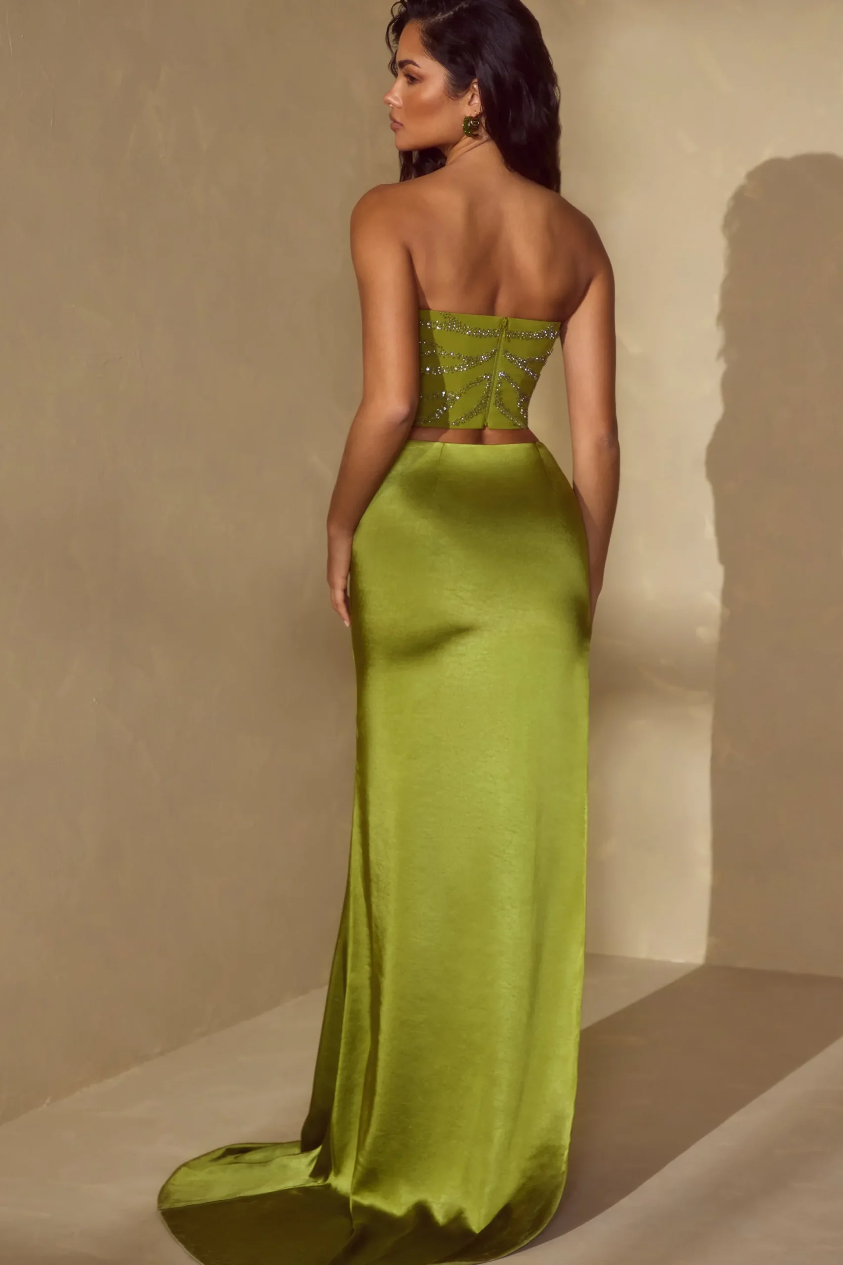 Oh Polly Skirts & Skorts | Co-Ords^High Slit Gown Length Skirt with Train in Olive