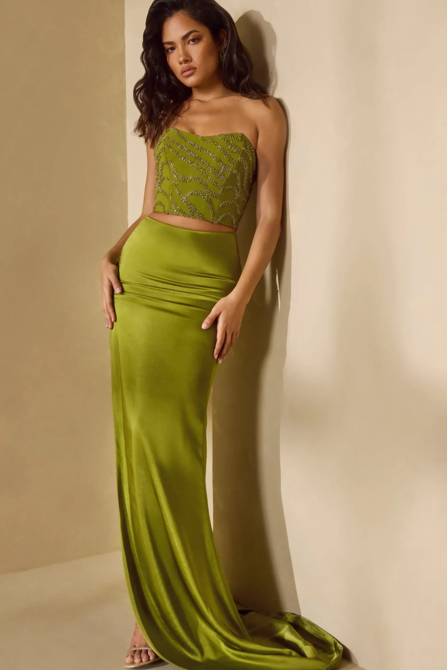 Oh Polly Skirts & Skorts | Co-Ords^High Slit Gown Length Skirt with Train in Olive
