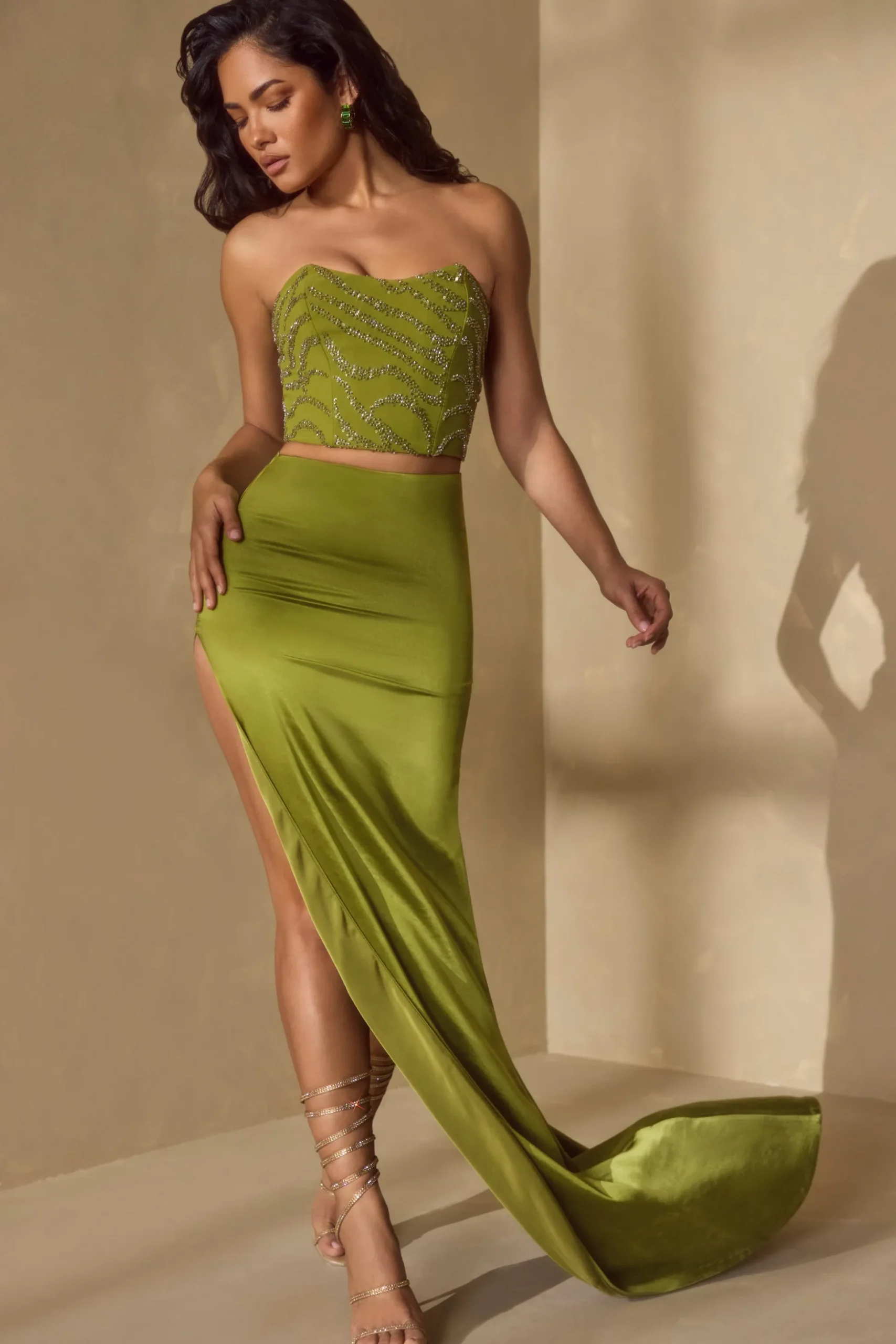 Oh Polly Skirts & Skorts | Co-Ords^High Slit Gown Length Skirt with Train in Olive