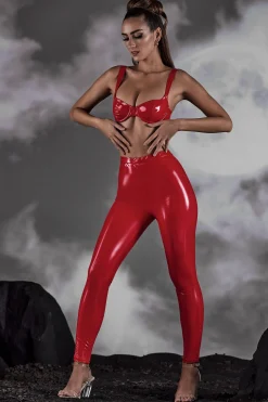 Oh Polly Bottoms^High Waist Vinyl Leggings in Red