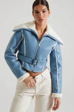 Oh Polly Outerwear | Fall Outfits^Jacket with Shearling Collar and Trim in Blue