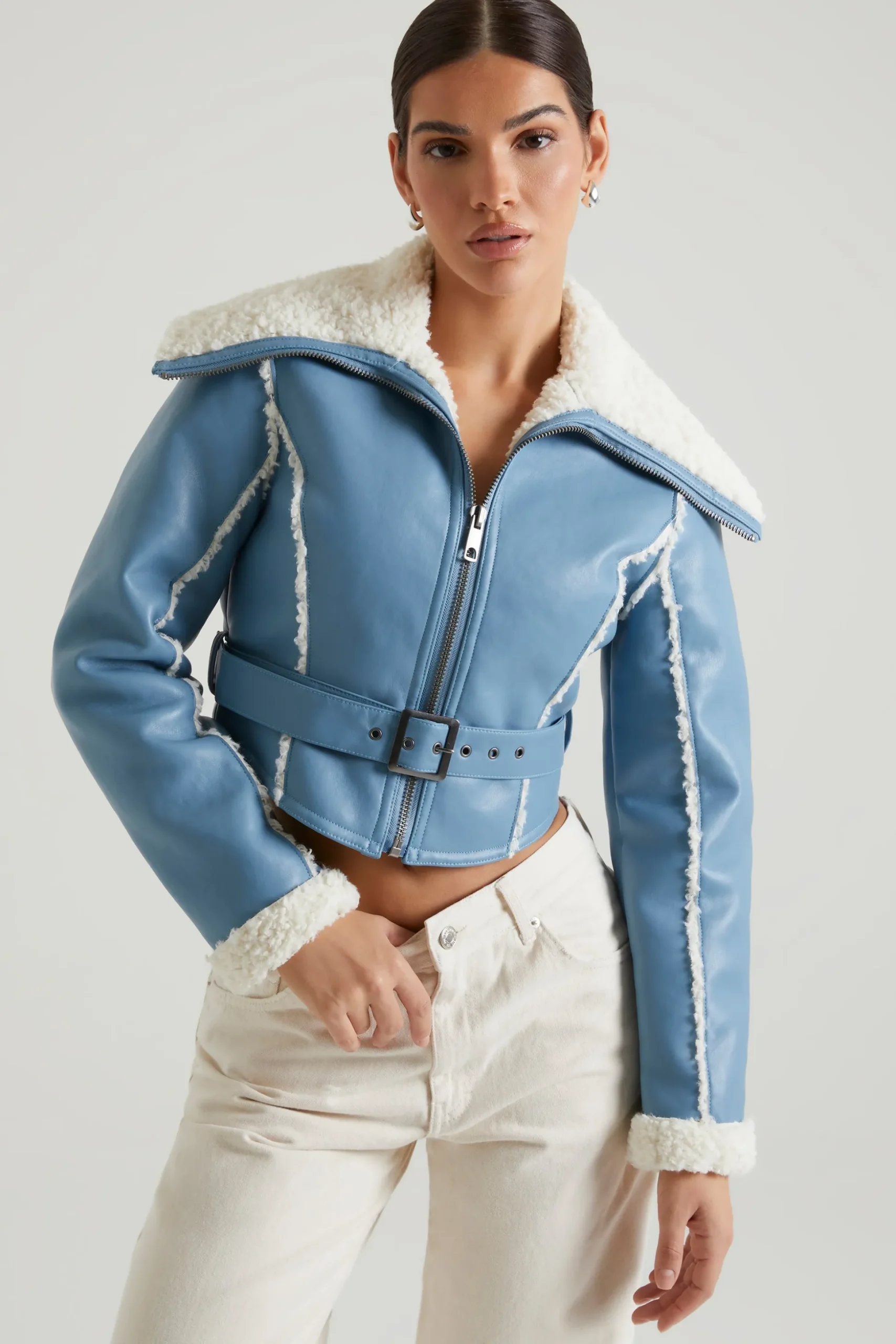Oh Polly Outerwear | Fall Outfits^Jacket with Shearling Collar and Trim in Blue
