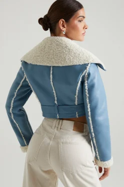 Oh Polly Outerwear | Fall Outfits^Jacket with Shearling Collar and Trim in Blue
