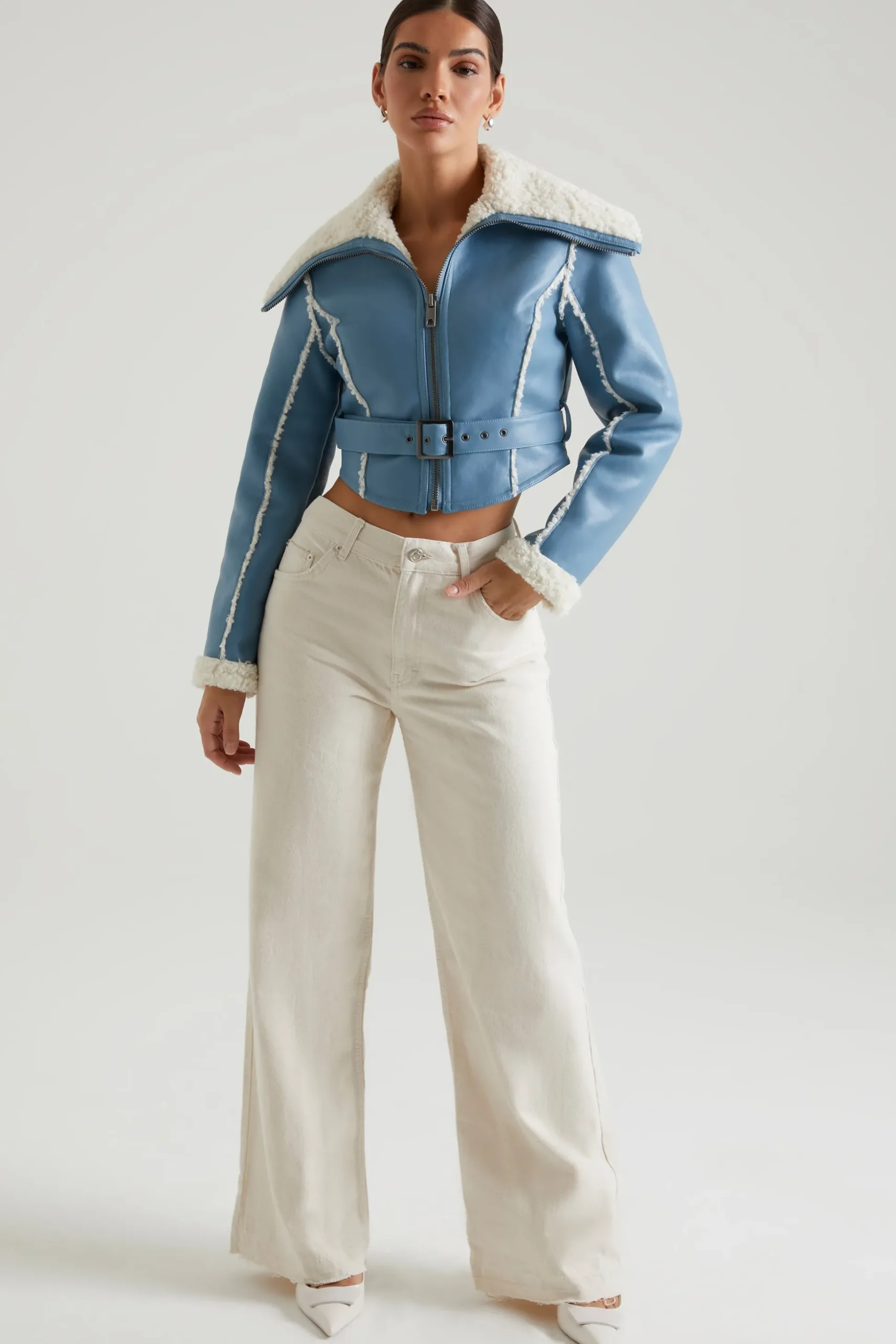Oh Polly Outerwear | Fall Outfits^Jacket with Shearling Collar and Trim in Blue