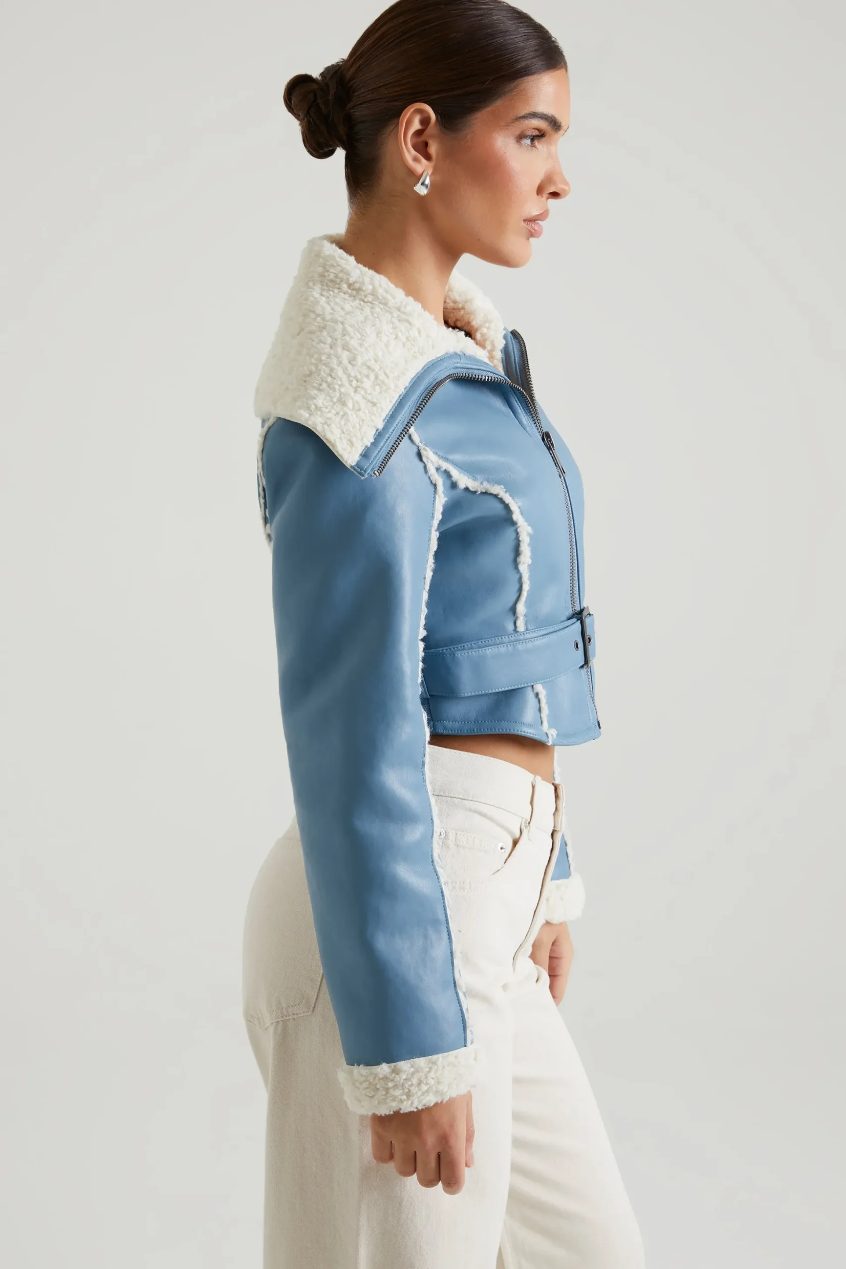 Oh Polly Outerwear | Fall Outfits^Jacket with Shearling Collar and Trim in Blue