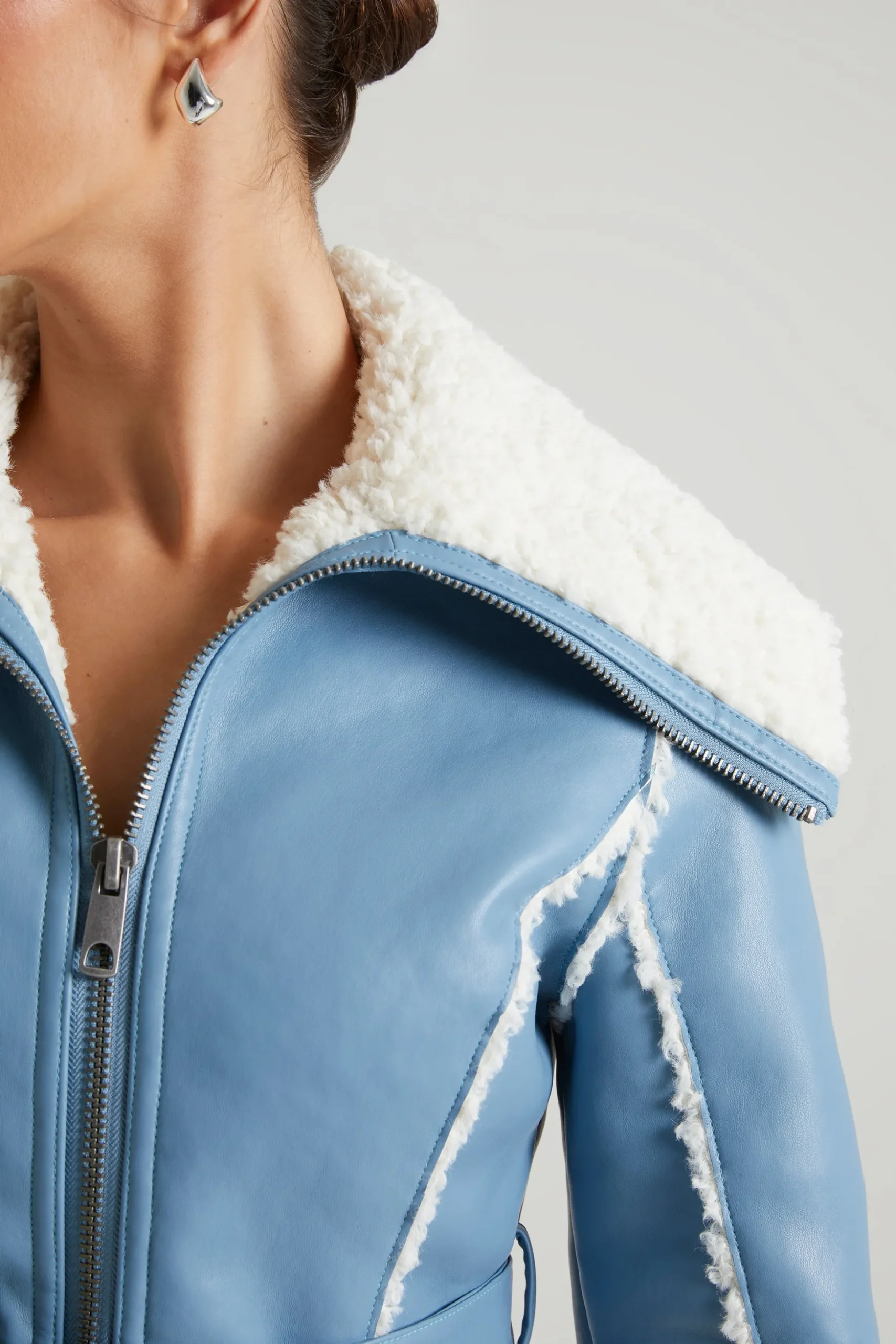 Oh Polly Outerwear | Fall Outfits^Jacket with Shearling Collar and Trim in Blue
