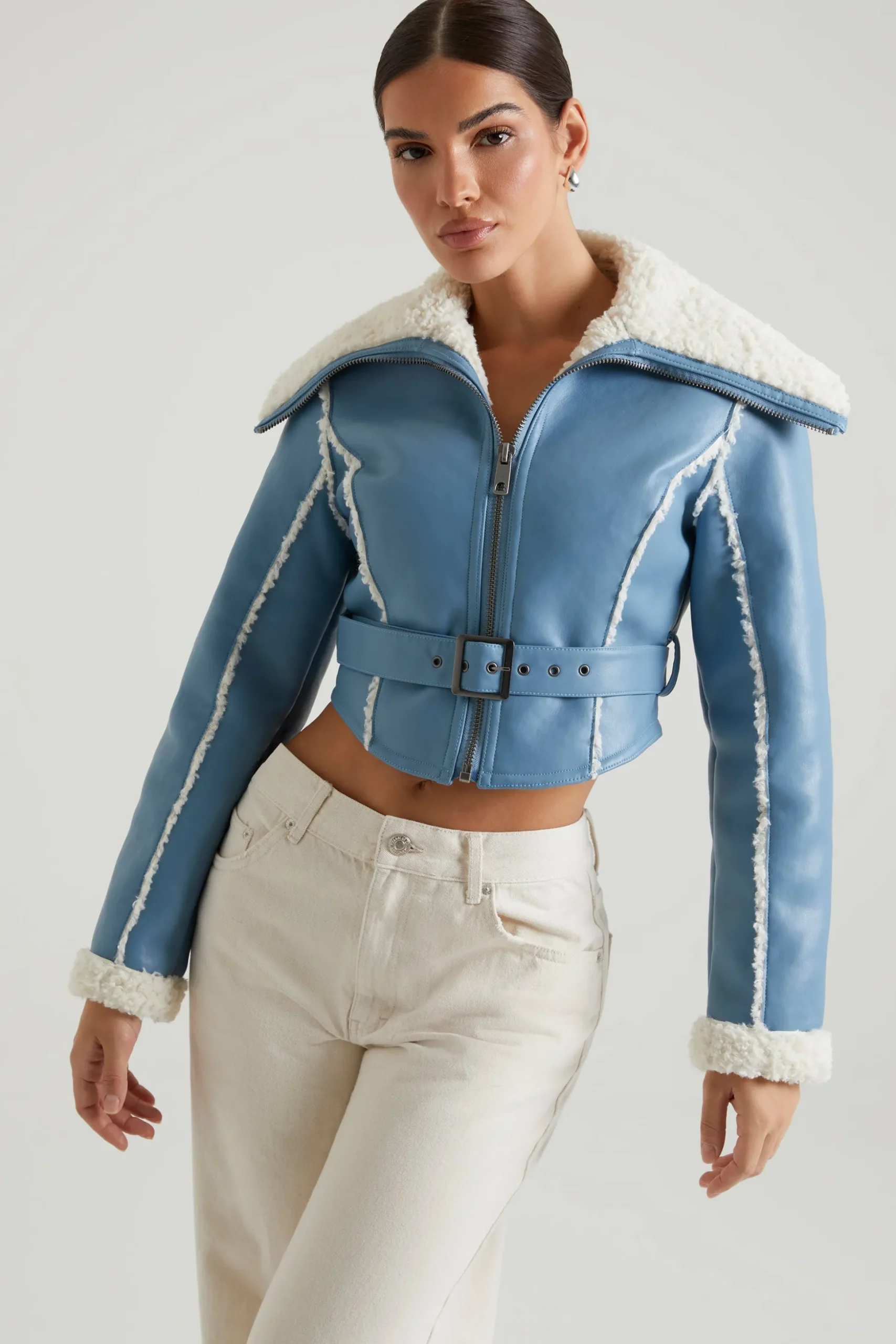 Oh Polly Outerwear | Fall Outfits^Jacket with Shearling Collar and Trim in Blue