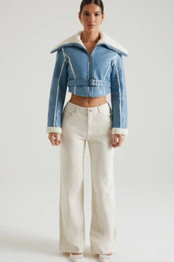 Oh Polly Outerwear | Fall Outfits^Jacket with Shearling Collar and Trim in Blue
