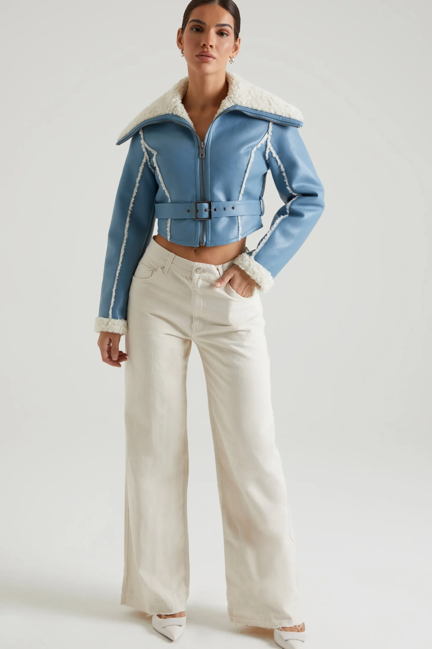 Oh Polly Outerwear | Fall Outfits^Jacket with Shearling Collar and Trim in Blue