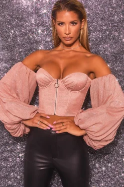 Oh Polly Women'S Clothing Sale - $65 And Under | Women'S Clothing Sale - $40 And Under^Keep On Shining Bardot Puff Sleeve Crop Top in Rose Gold