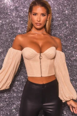 Oh Polly Women'S Clothing Sale - $65 And Under | Women'S Clothing Sale - $40 And Under^Keep On Shining Bardot Puff Sleeve Crop Top in Gold
