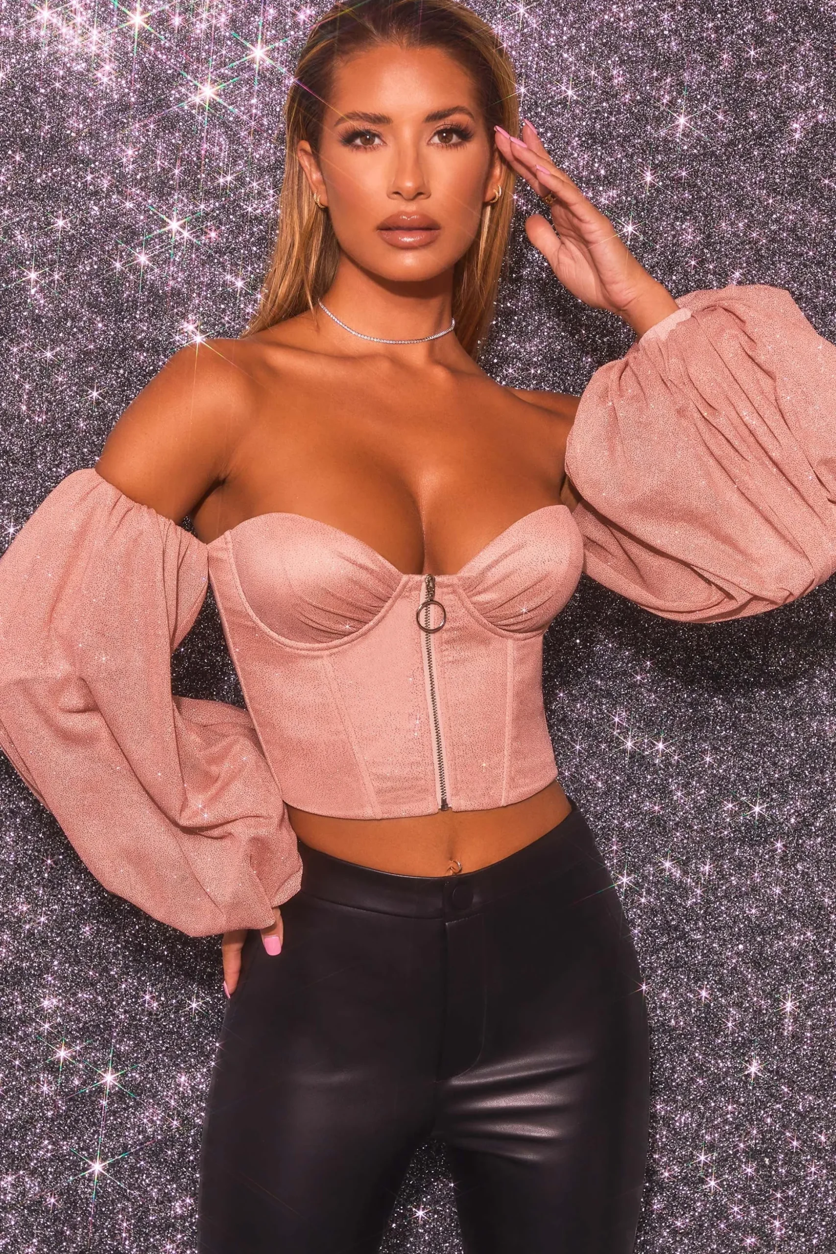 Oh Polly Women'S Clothing Sale - $65 And Under | Women'S Clothing Sale - $40 And Under^Keep On Shining Bardot Puff Sleeve Crop Top in Rose Gold