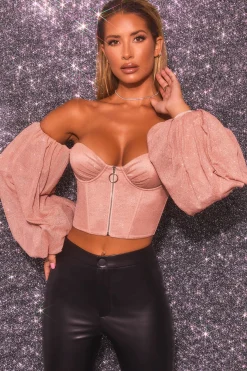 Oh Polly Women'S Clothing Sale - $65 And Under | Women'S Clothing Sale - $40 And Under^Keep On Shining Bardot Puff Sleeve Crop Top in Rose Gold