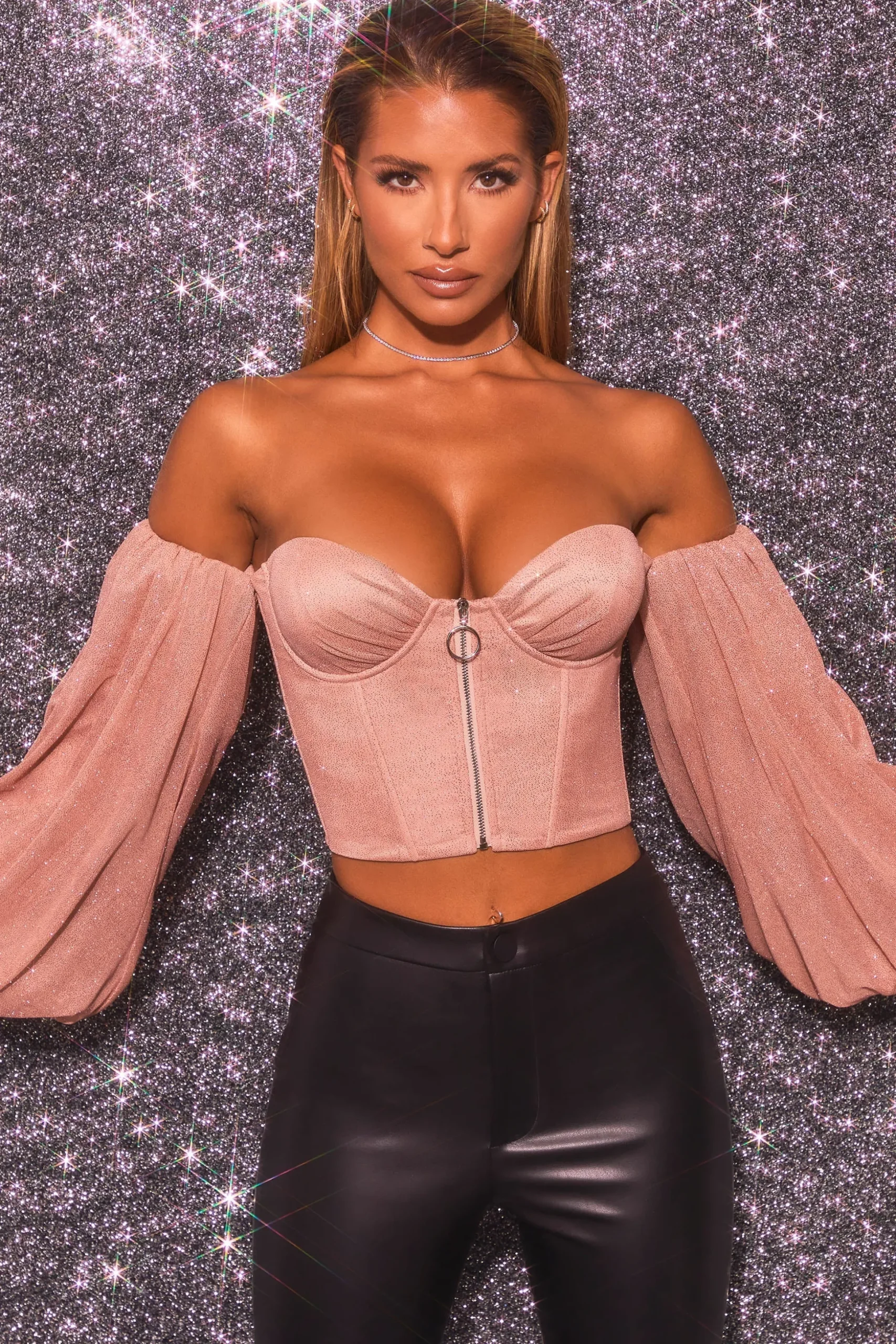 Oh Polly Women'S Clothing Sale - $65 And Under | Women'S Clothing Sale - $40 And Under^Keep On Shining Bardot Puff Sleeve Crop Top in Rose Gold