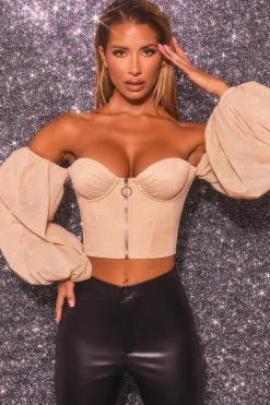 Oh Polly Women'S Clothing Sale - $65 And Under | Women'S Clothing Sale - $40 And Under^Keep On Shining Bardot Puff Sleeve Crop Top in Gold