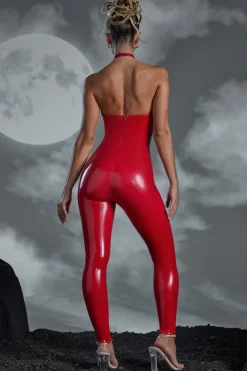 Oh Polly Jumpsuits & Unitards^Keyhole Cut Out Vinyl Jumpsuit in Red