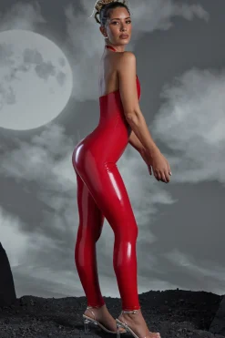 Oh Polly Jumpsuits & Unitards^Keyhole Cut Out Vinyl Jumpsuit in Red