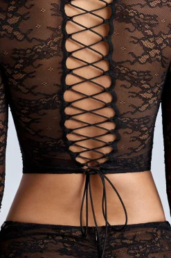 Oh Polly Co-Ords | Tops^Lace Long Sleeve Top in Black