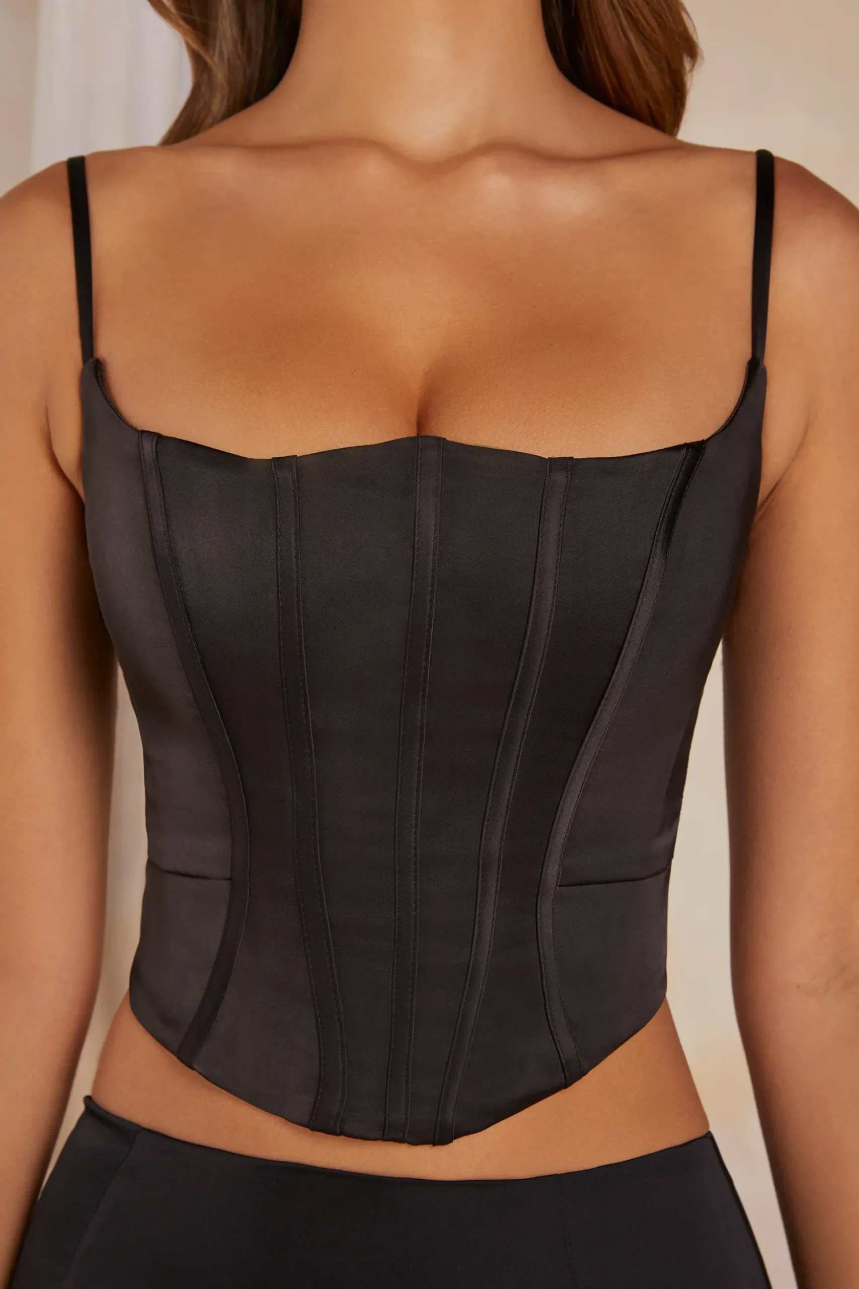 Oh Polly Co-Ords | Tops^Lace Up Back Satin Corset in Black