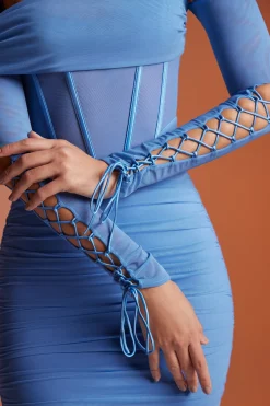 Oh Polly Women'S Clothing Sale - $65 And Under | Women'S Clothing Sale - $40 And Under^Lace Up Long Sleeve Corset Mini Dress in Blue