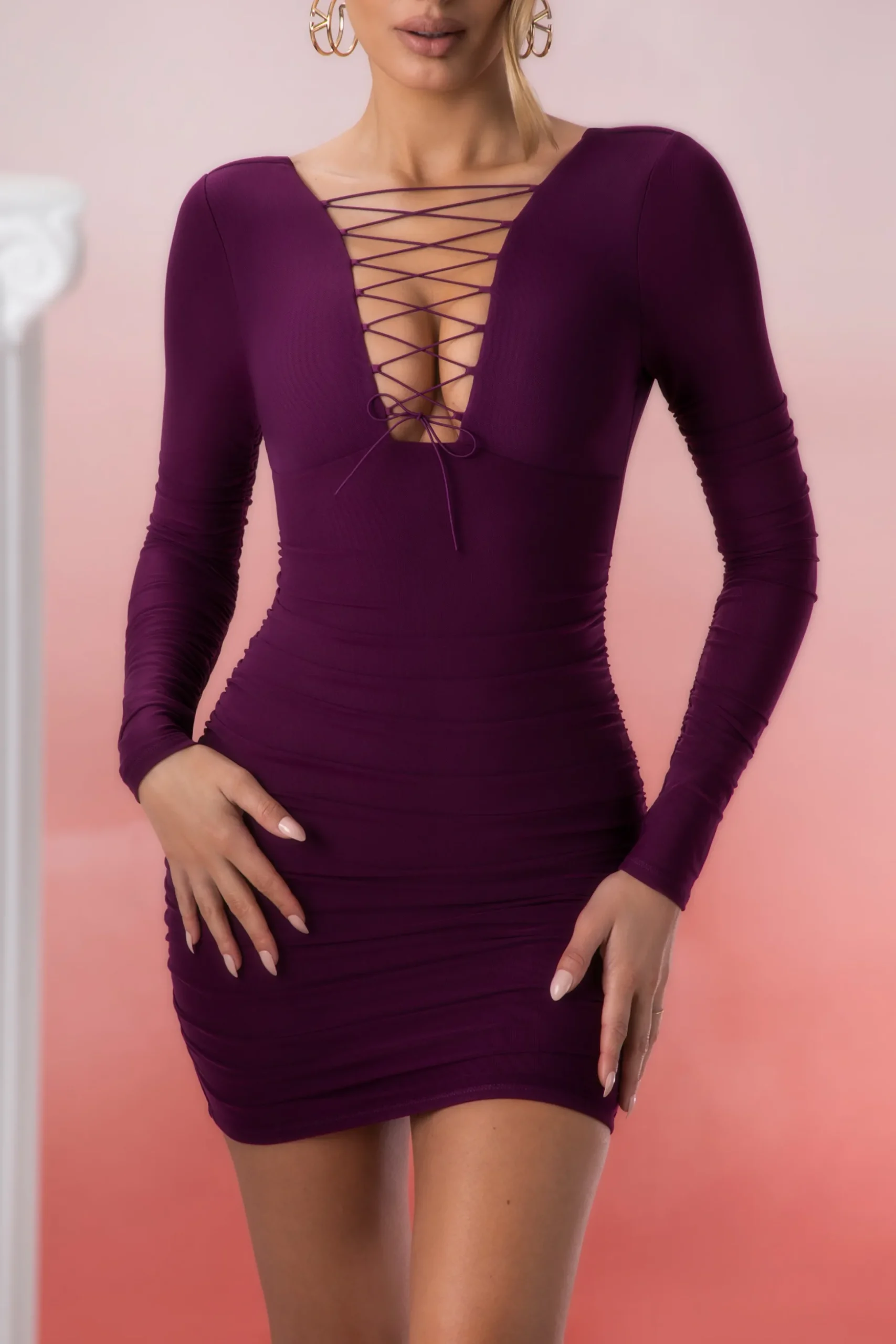 Oh Polly Women'S Clothing Sale - $65 And Under | Women'S Clothing Sale - $40 And Under^Lace Up Long Sleeve Mini Dress in Wine