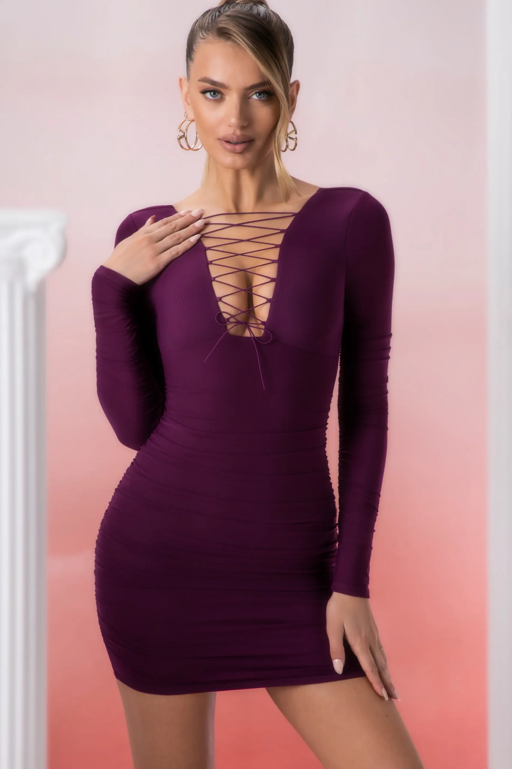 Oh Polly Women'S Clothing Sale - $65 And Under | Women'S Clothing Sale - $40 And Under^Lace Up Long Sleeve Mini Dress in Wine