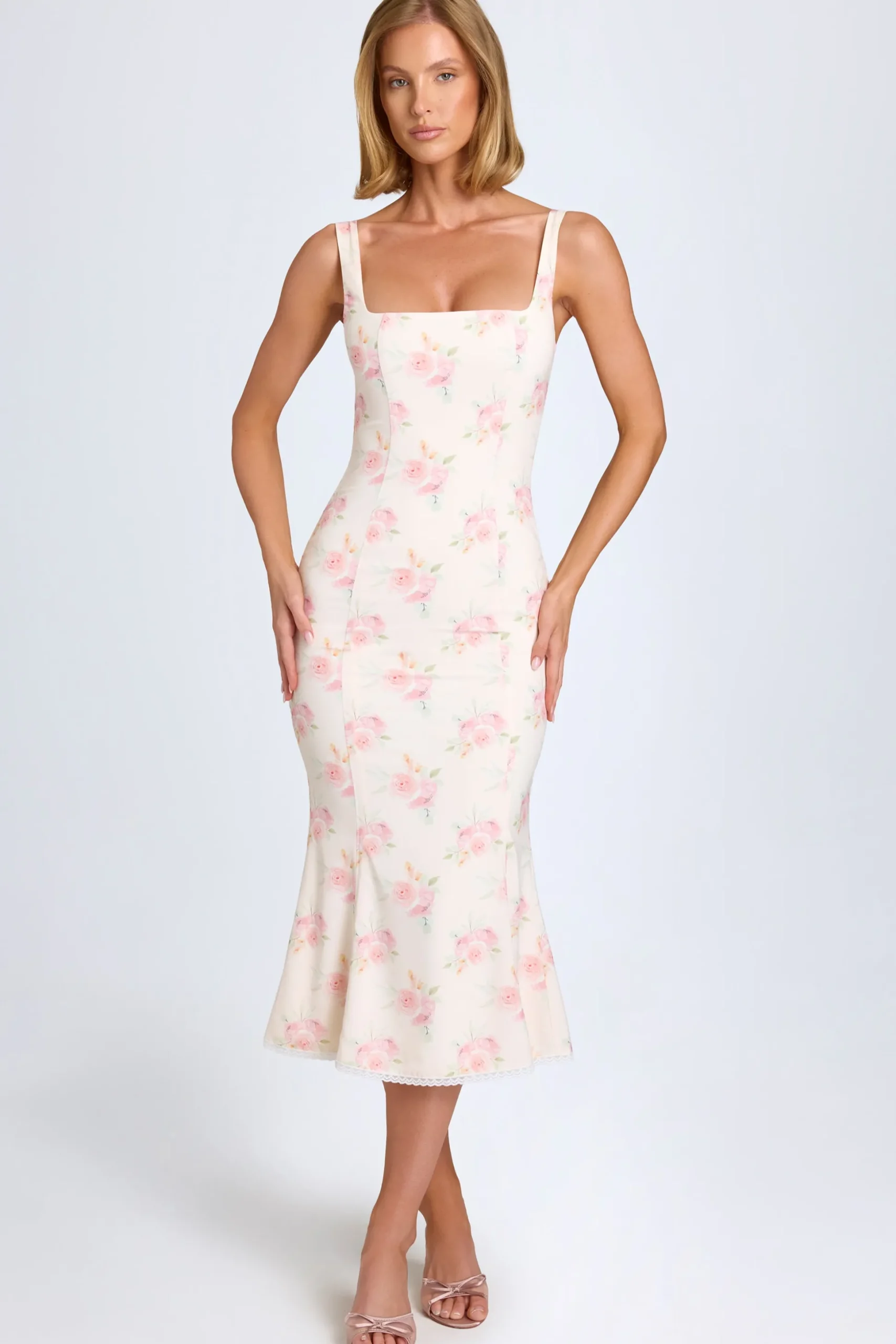 Oh Polly Wedding Guest | Georgette And Chiffon^Lace-Trim Midaxi Dress in Large Rose Print LargeRosePrint
