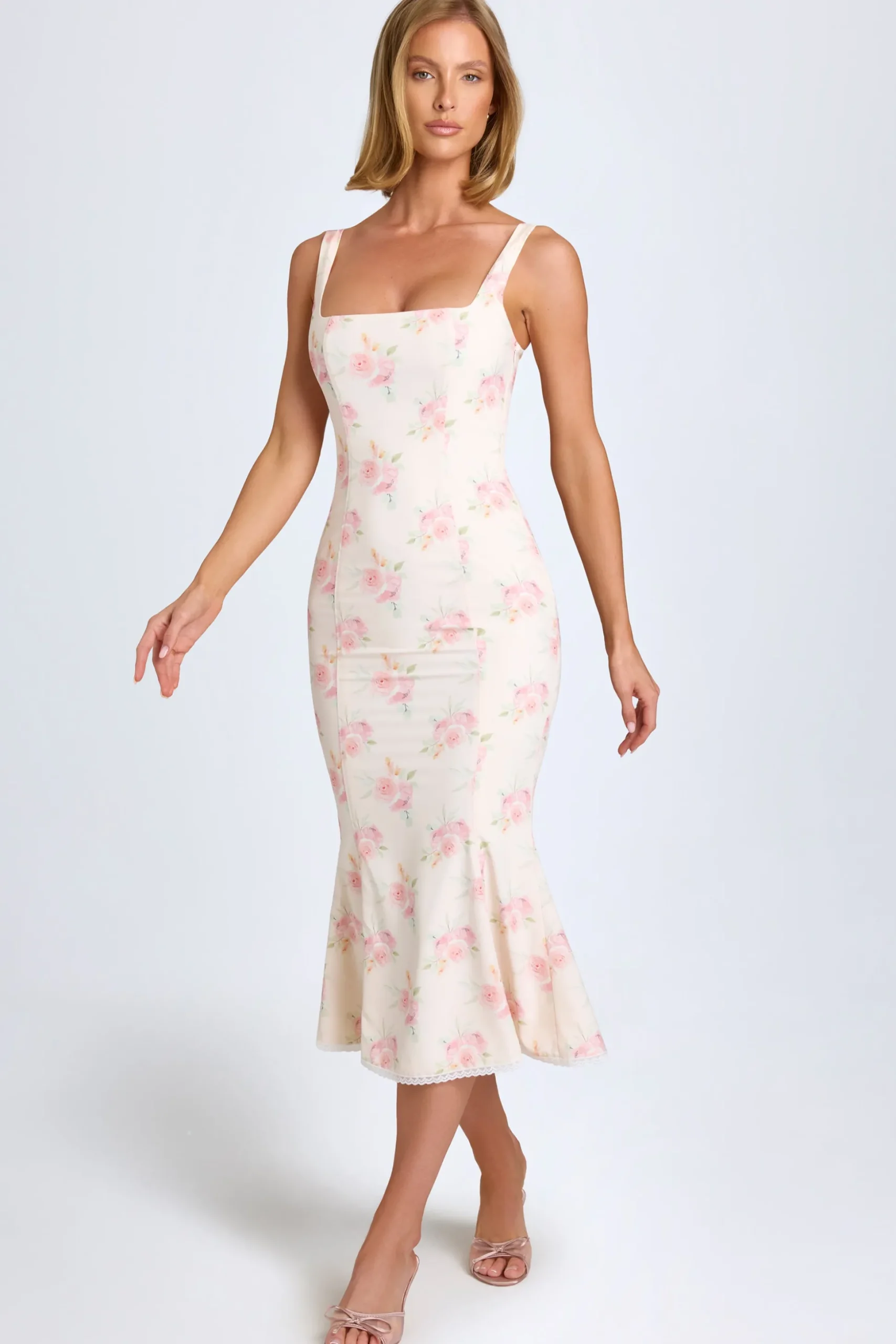 Oh Polly Wedding Guest | Georgette And Chiffon^Lace-Trim Midaxi Dress in Large Rose Print LargeRosePrint