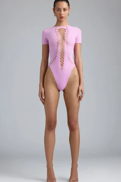 Oh Polly Women'S Clothing Sale - $65 And Under | Women'S Clothing Sale - $40 And Under^Lace-Up Bodysuit in Violet Pink VioletPink