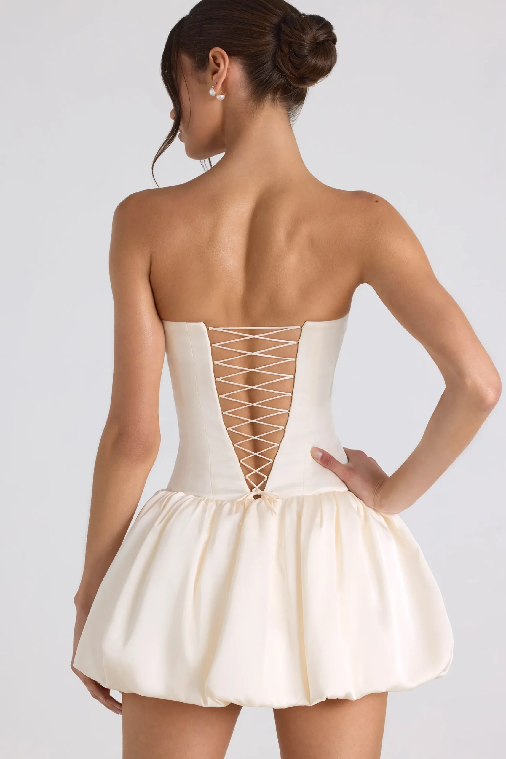 Oh Polly Party Dresses | Birthday^Lace-Up Bubble Hem Corset Mini Dress in Ivory