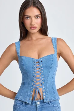 Oh Polly Co-Ords | Tops^Lace-Up Corset Top in Mid Blue Stonewash MidBlueStonewash