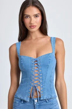 Oh Polly Co-Ords | Tops^Lace-Up Corset Top in Mid Blue Stonewash MidBlueStonewash
