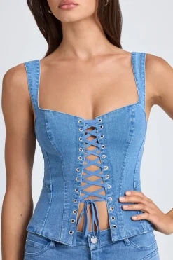 Oh Polly Co-Ords | Tops^Lace-Up Corset Top in Mid Blue Stonewash MidBlueStonewash