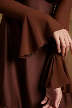 Oh Polly Tops^Long Flared Sleeve Shrug in Brown