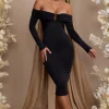Oh Polly Wedding Guest^Long Sleeve Bardot Neckline Midi Dress in Black