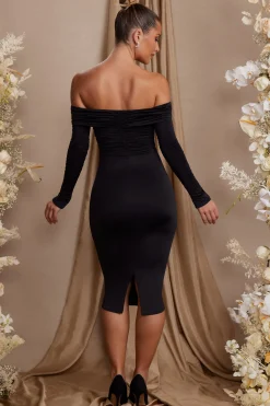 Oh Polly Wedding Guest^Long Sleeve Bardot Neckline Midi Dress in Black