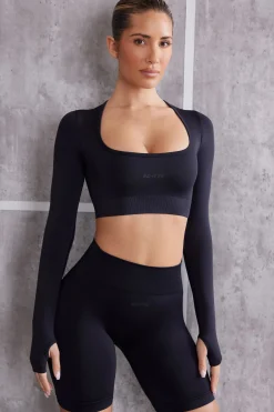 Oh Polly Matching Sets^Long Sleeve Crop Top in Jet Black JetBlack