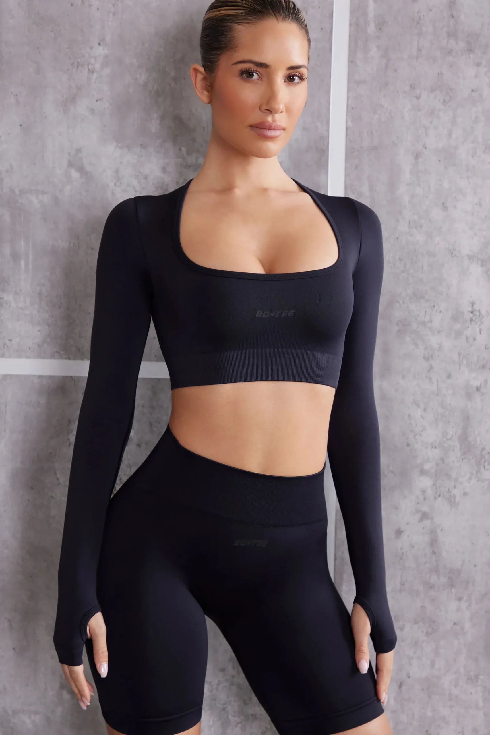 Oh Polly Matching Sets^Long Sleeve Crop Top in Jet Black JetBlack