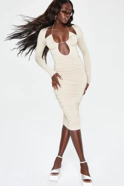 Oh Polly Women'S Clothing Sale - $65 And Under | Women'S Clothing Sale - $40 And Under^Long Sleeve Cut Out Halterneck Midi Dress in Beige
