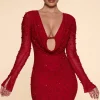 Oh Polly Party Dresses | Embellished Dresses^Long Sleeve Deep Plunge Mini Dress in Red