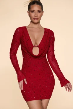 Oh Polly Party Dresses | Embellished Dresses^Long Sleeve Deep Plunge Mini Dress in Red