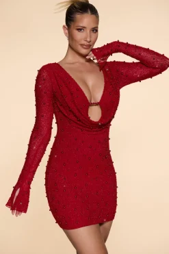 Oh Polly Party Dresses | Embellished Dresses^Long Sleeve Deep Plunge Mini Dress in Red