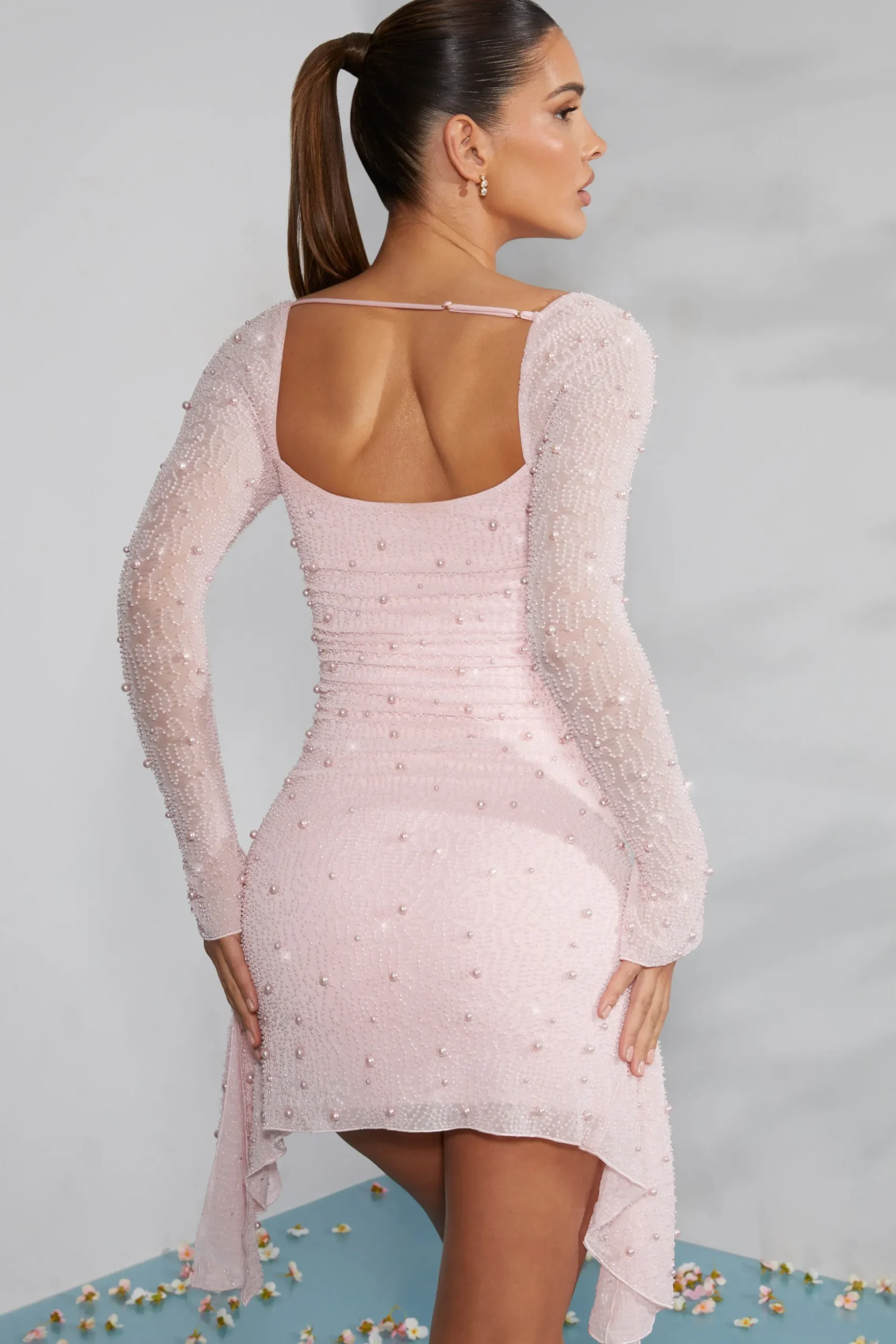 Oh Polly Party Dresses | Birthday^Long Sleeve Embellished Cowl Neck Mini Dress in Blush